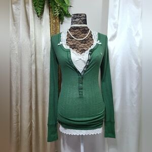 ♡ Y2K ♡ Abercrombie Forest Green Pointelle Button Down Babydoll Henley Top
